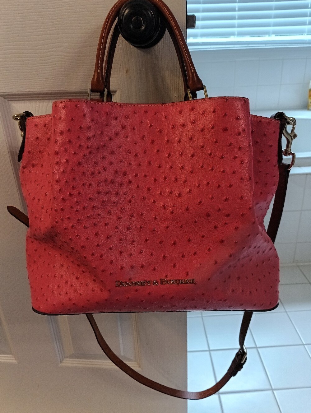 Dooney & Bourke Ostrich Large Barlow Bright Pink Leather Satchel Crossbody